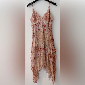 Zara 100% Silk Floral V Neck  Asymmetrical High Low Knee Length Dress (Medium)